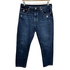 Levi's 501 Original Crop Jeans Women 32x26 Dark Wash Distressed Button Fly Denim